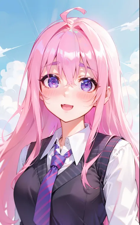 rating:safe, 1girl, blush, shirt, white_shirt, necktie, pink_hair, eyebrows_visible_through_hair, solo, long_hair, smile, purple_eyes, open_mouth, bangs, ahoge, :d, upper_body, day, collared_shirt, sweater_vest, vest, sky, blue_sky, looking_at_viewer, outd...