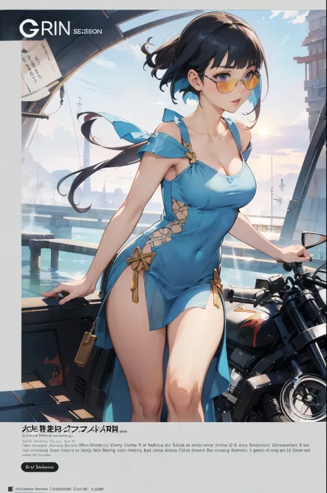 anime - style illustration of a woman in a see-through one-piece dress, shirtless:1.5, video game character, official character art, trending on cgstation, e-girl, cushart krenz key art feminine, full body, female action anime girl, blue bob hair, blunt ba...