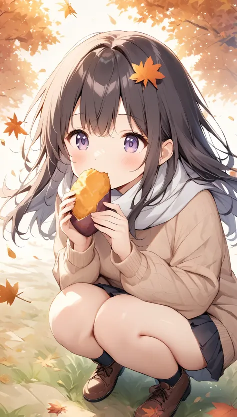 Pale lines and soft colors create a dreamlike effect., Fleeting Impressions..,One Woman、autumn、Autumn leaves background、A girl squatting and eating roasted sweet potato、cute、White scarf、sweater、Falling leaves fluttering down