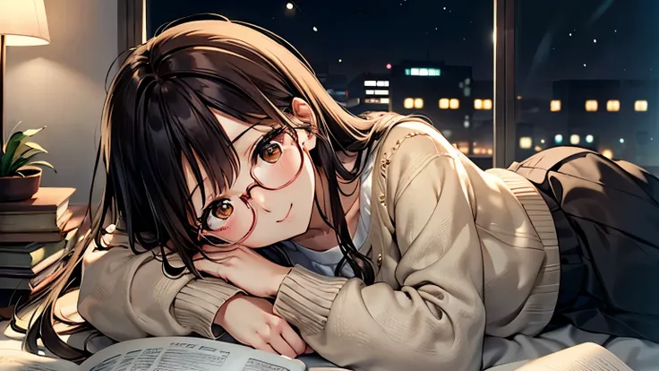 A quiet anime-style girl with long straight dark brown hair and gentle brown eyes behind thin-framed glasses. She is wearing a soft beige cardigan over a white blouse and a pleated skirt. Lying down comfortably on a cozy blanket in a quiet nighttime garden...