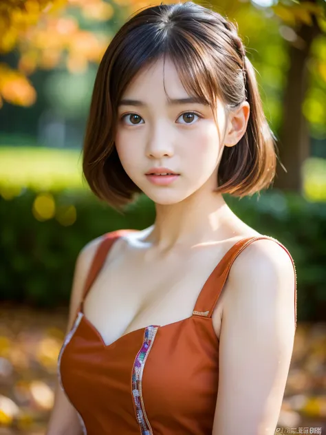 (Best-quality, Masterpiece, Ultra-High-Resolution, (Photorealistic:1.4), Raw Photo, depth of field, professional lighting), 1girl, 15-years-old, the most famous Japanese idol, wearing cutest autumnal-dress, ((loveliest face, loveliest and biggest round-eye...