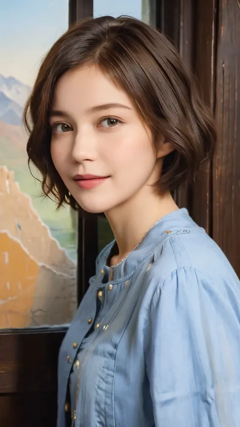 298 (20-year-old woman,Short Bob Hair), (A kind smile), (colorful), (The view outside the window), (Majestic Mountain々), (Rembrandt painting), (Stable)