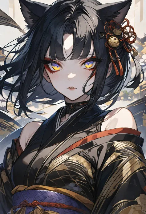 long black hair, hime cut, cat ears, dressed in a black japanese kimono, black hair, detailed face, detailed eyes,bare shoulder, detailed clothing