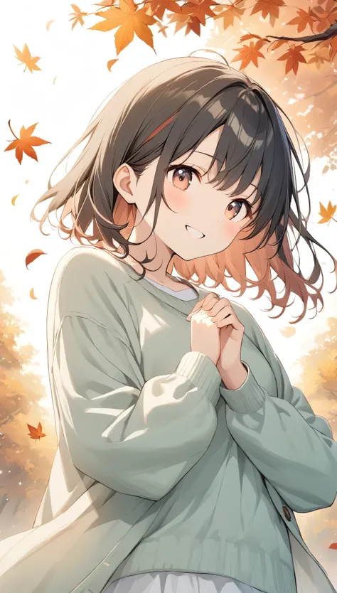 Pale lines and soft colors create a dreamlike effect., Fleeting Impressions..,One Woman、autumn、Autumn leaves background、Falling leaves fluttering down、sweater、Put your hands behind your back、Girl turning around、Red face、smile