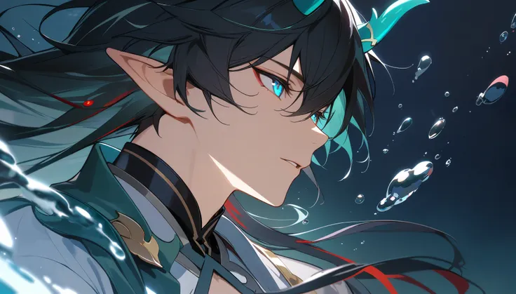 1boy, dan heng, imbibitor lunae, dan heng il, honkai star rail, elf ears, long hair, black hair, horns, underwater, dark green b...