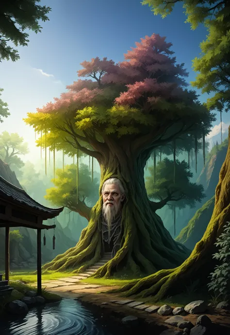 (zPDXL2), (PonyXLV6_Scores), source_anime, asymmetric image BREAK

magic tree, tree with face on it, old face, tree with face