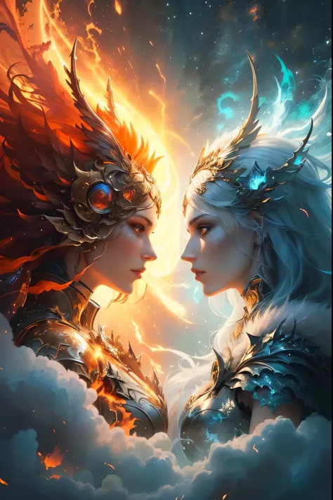 a couple of women are facing each other in the sky, battle between good and evil, beautiful gemini good and evil, ice and fire, godrays digital painting, fire and ice, facing each other, good and evil, detailed fantasy digital art, karol bak and peter mohr...