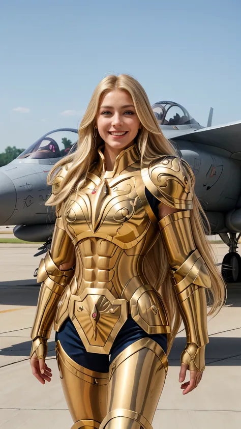 Beautiful European woman, Long blonde hair, An extraordinarily beautiful face、Saint Seiya Taurus Armor、masterpiece、8k resolution、highest quality、Close-up, smile, daytime, walk, Background: F16 fighter jet in the Air Force 