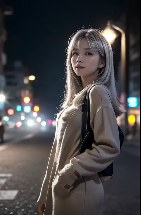 ((Film Grain, Bokeh, Particles of light ,Dust particles, Extreme camera angles.)), Dynamic pose, Full body photo of a young attractive woman, Mana box, Raise your eyebrows, night, Street lamp, Grey Hair, 8K RAW photo, 