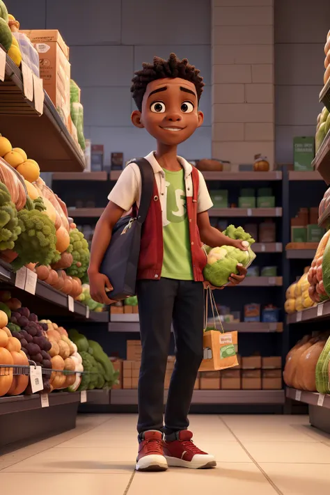 A teen black boy buying groceries in a grocery store