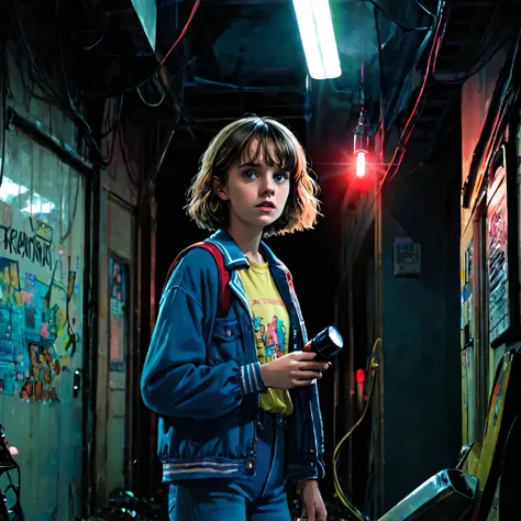 maya thurman-hawke, robin buckley, stranger things, netflix, 18 years old, wearing casual clothes from the 80s, holding a flashl...