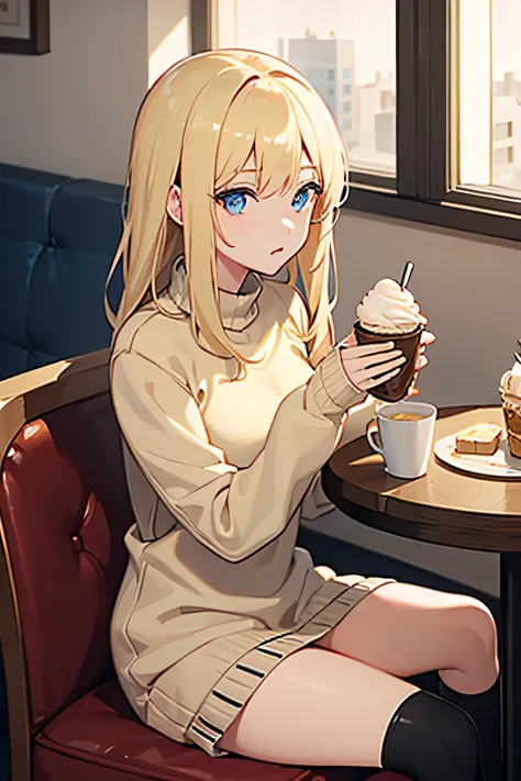 (good quality) blonde, in a sweater, Blue eyes, sitting in a cafe, ice cream in hands 