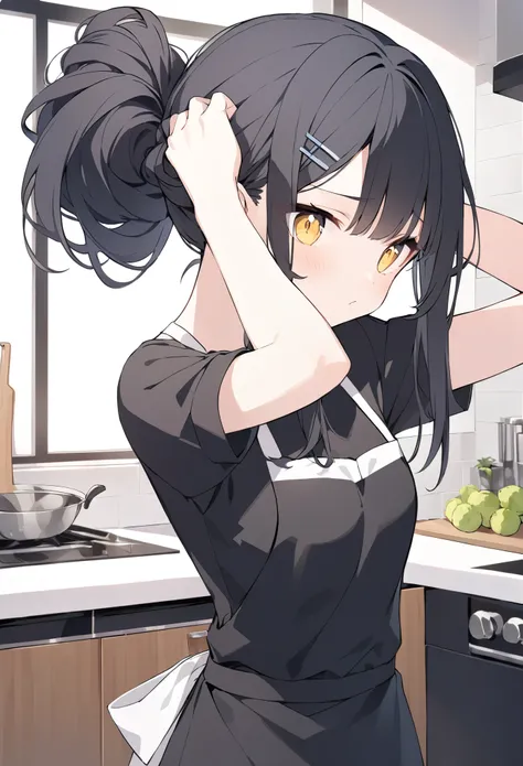 long black hair,yellow eyes, hairpin,Long Hair、apron、Black clothes、kitchen、Her hands are behind her head, tying her hair up