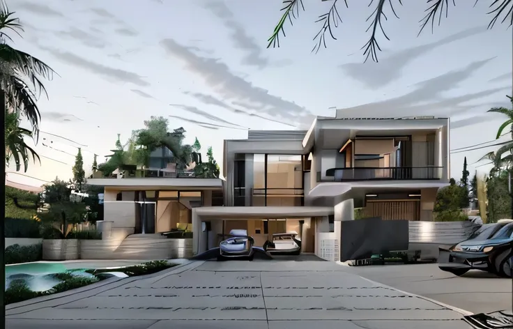 masterpiece, best quality, arafed modern house with a large front yard and a driveway, large modern residence, contemporary arch...