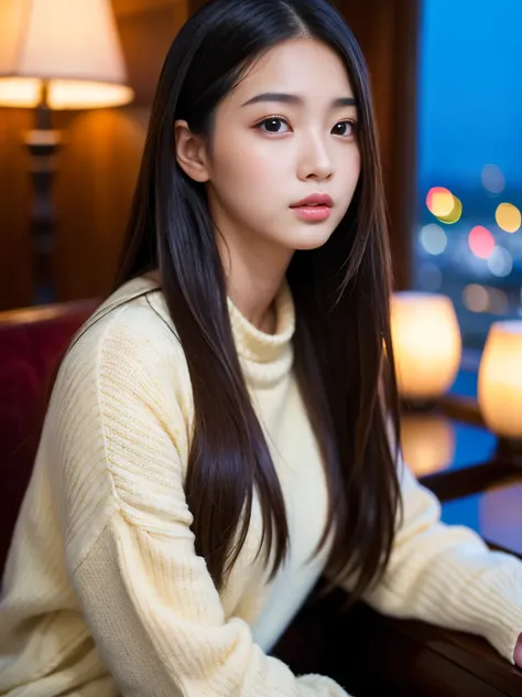 (Best-quality, Masterpiece, Ultra-High-Resolution, (Photorealistic:1.4), Raw Photo, depth of field, professional lighting), 1girl, 15-years-old, the most famous Japanese idol, wearing expensive autumnal-clothes with stylish-design, sitting in luxury-hotel-...