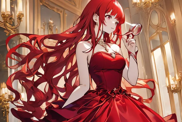 Red Hair，Evening Dress，Princess holding a wine glass