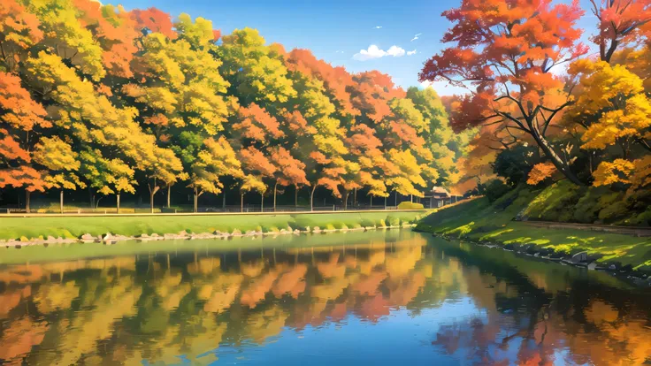 Riverside walk、Surrounded by colorful trees々Surrounded by、Autumn scenery reflected on the calm water