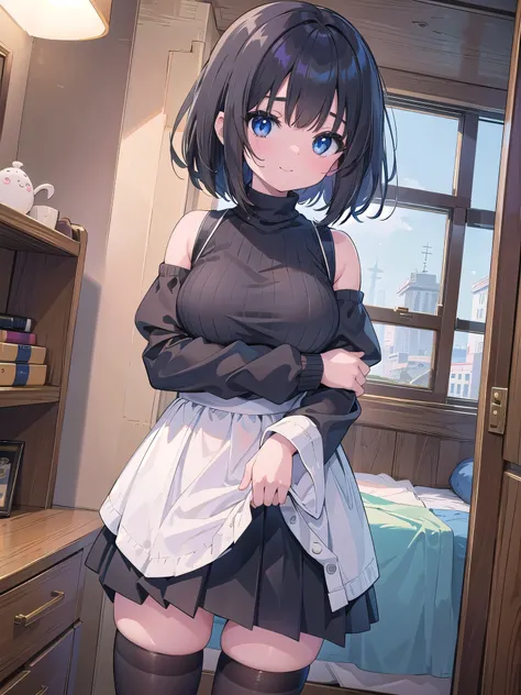 (masterpiece、Best Quality)、High resolution、Detailed face:1.2、anime(1.2)、Sharpness、4K、Dynamic Angle、Cowboy Shot、Demure、Beautiful perfect posture、One girl、Black clothes、sweater、Off the shoulder、Sleeves hide hands、Long sleeve、Moe sleeves、Pleated skirt、Short 、...