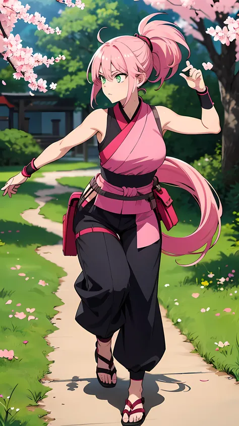 Create a female ninja character with long, vibrant pink hair tied in a high ponytail, and bright green eyes that reflect determination. She wears a modernized version of a traditional ninja outfit, featuring a sleeveless red tunic with intricate silver pat...