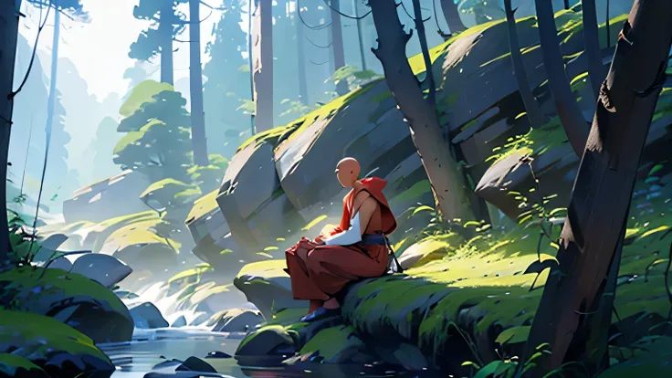 a monk meditating in a forest. peaceful background.