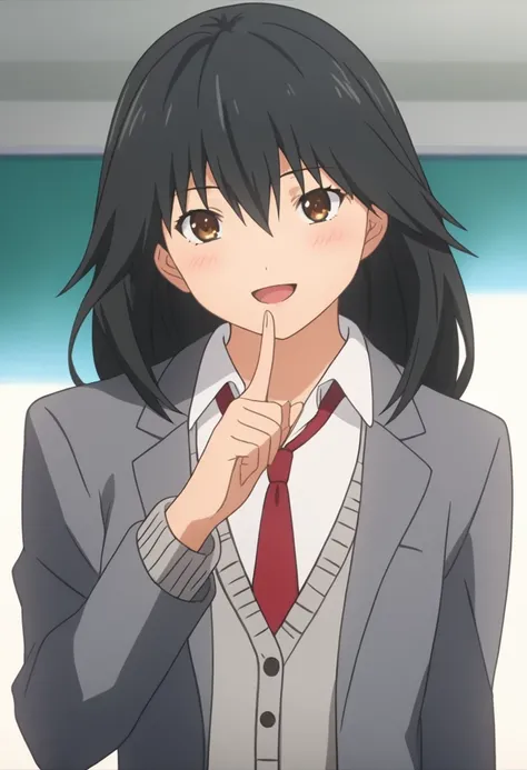 score_9, score_8_up, score_7_up, source_anime, 
BREAK
1girl, solo, anime screencap, anime coloring, 
msblazeron, black hair, brown eyes, long hair, hair between eyes, 
grey jacket, white shirt, school uniform, red necktie, long sleeves, 
blazer, pleated sk...