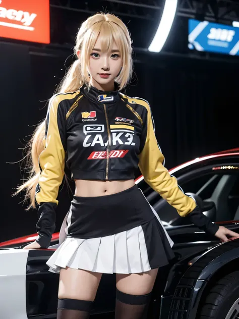 ultra detailed face、cool woman、colorful costumes、f1 driver cosplay、colorful costumes、clothing with company logo、the grid girls&#...