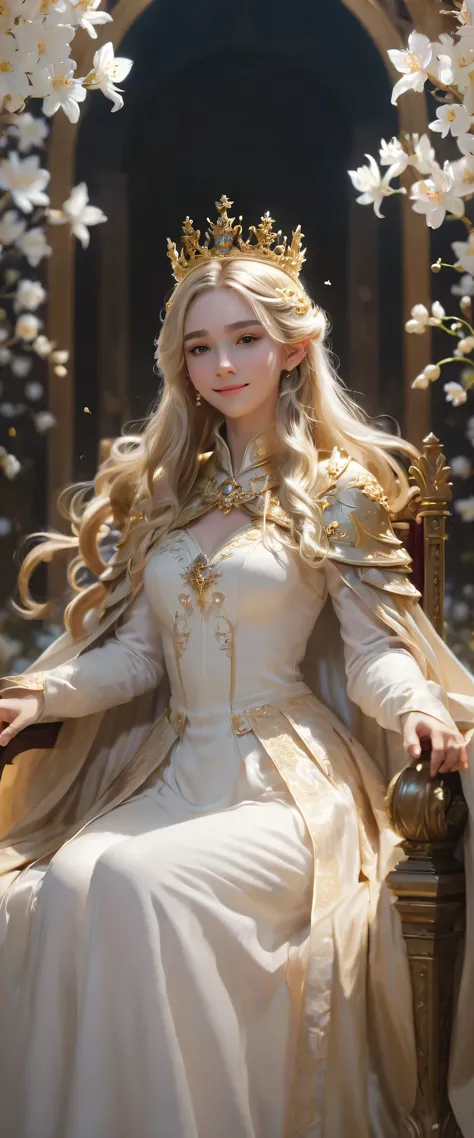 Grateful girl, blonde long hairs, with white dress and gold cloak, the crown in the head, sit in the throne with  many flowers, she is very kind, she have sweety smile, full body, high quality, high details, artistic style, respectful attitudeextremely det...