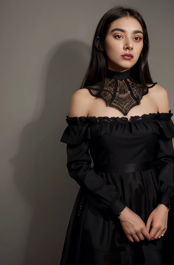 A girl with smooth black shoulder-length hair, an oval face, and fair skin. Large dark eyes, neat thick eyebrows. A small nose, medium-sized, well-defined dark lips. She is wearing a black lace dress with long sleeves and a high collar, with several rings ...