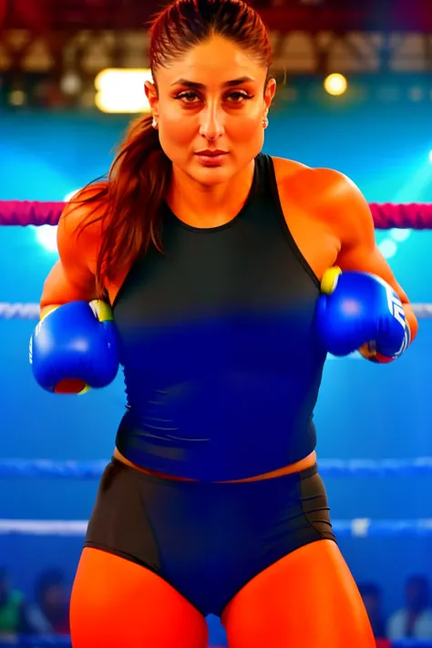 Young Kareena kapoor ready pose to fight in boxing gloves and boxing clothes.
She is sweating.
She is very beautiful boxer.
Large breasts.
Hairy armpits.
She is a very beast angry boxer.
Pony tail.
She has removed her earrings.
She is in ready to fighting ...