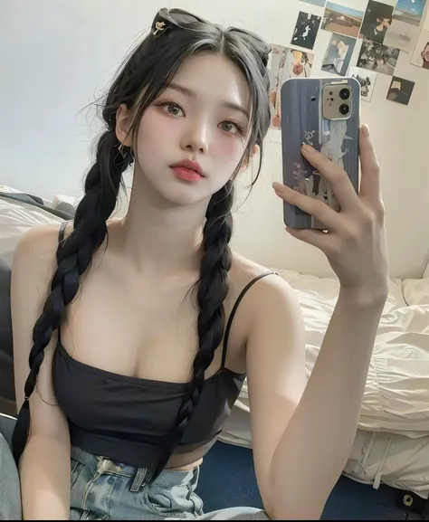 Asian woman with long black hair and sunglasses taking a selfie, Korean, hermosa joven Korean, ulzzang, Hermosa mujer surKorean, with black pigtail, joven mujer Korean hermosa, 18 years old, pigtails hairstyle, Instagram template, 2 Model , 19 years old, ...