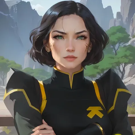 a close-up of a woman in a black and yellow outfit, avatar image,lin beifong, portrait of avatar korra, Anya de Spy x Family, but a stern look at her, Britney Lee is an American actress and actress., retrato da moderna Darna, portrait of an anime heroine, ...