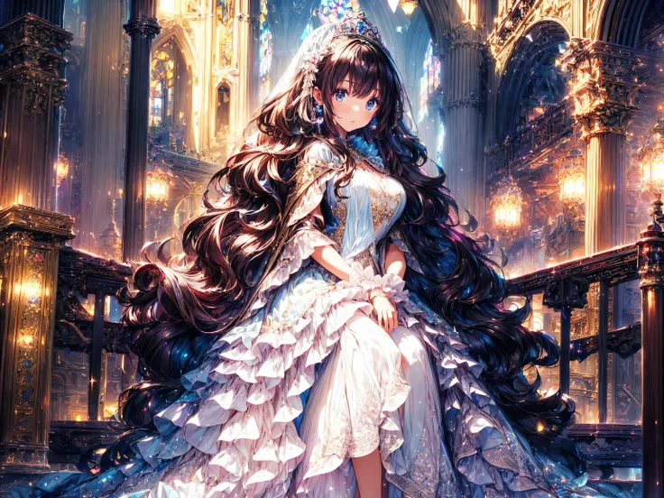 ((ultra hd)), ((super detailed)), ((best quality)), (((princess with a young face))), vibrantly colored rococo victorian gown, b...