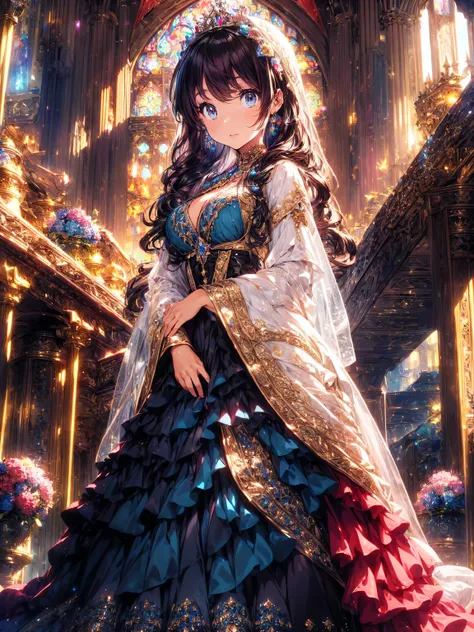 ((ultra hd)), ((super detailed)), ((best quality)), (((princess with a young face))), vibrantly colored rococo victorian gown, b...