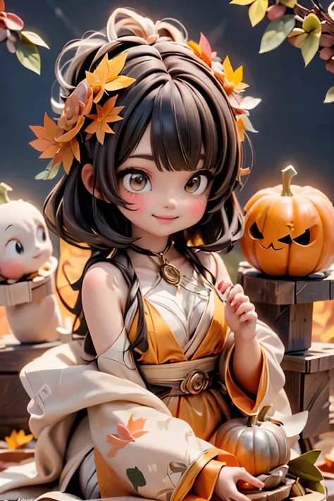 A whimsical autumn ((goddess)) girl sits on a pile of vibrant orange and yellow leaves, surrounded by pumpkins of varying sizes. She wears a flowing ((golden dress)) with intricate ((leaf patterns)), her bright smile radiating warmth as she gazes down at t...