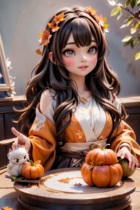 a cute autumn goddess, pumpkins, joyful dynamic pose, 1girl, detailed delicate face, detailed eyes, detailed lips, long wavy brown hair, orange floral crown, flowing orange dress, autumn leaves, vibrant colors, warm lighting, cinematic, intricate detailed ...