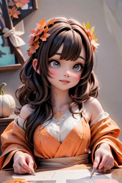 a cute autumn goddess, pumpkins, joyful dynamic pose, 1girl, detailed delicate face, detailed eyes, detailed lips, long wavy brown hair, orange floral crown, flowing orange dress, autumn leaves, vibrant colors, warm lighting, cinematic, intricate detailed ...