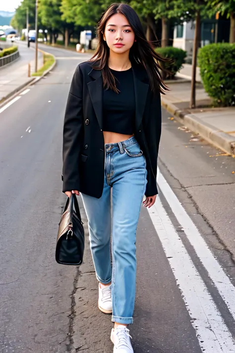 A 23-year-old girl is walking in the road
