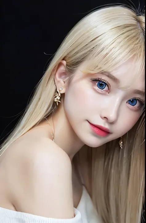 Top quality, high resolution, 8K, dynamic composition, (20 year old beautiful girl: 1.5), (blonde hair: 1.3), (smooth and shiny hair: 1.2), (transparent blue big eyes: 1.2 ), (white skin: 1.2), (big breasts: 1.2), (medium length: 1.1), bangs, (wearing blac...