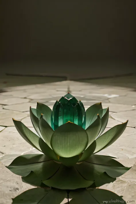 Emerald cut in the shape of a lotus flower, neutral background, without people, translucent stone.