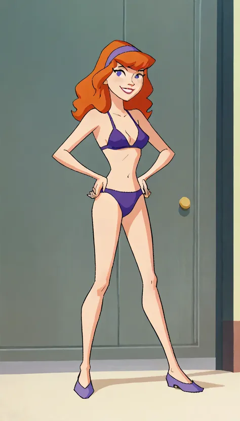 daphneb, 1girl, solo, long hair, hairband, orange hair, purple bikini , purple eyes, smile, long legs , barefoots , smile, looking at viewer, hands on the hips , barefoots , score_9, score_8_up, score_7_up, score_6_up, score_5_up, score_4_up