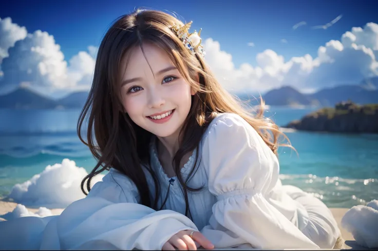 Best Quality　masterpiece　detailed　A super cute girl is smiling and in a castle in the sky with a beautiful sea of clouds　Photo style　Fairytale　Fantasy　Fantasy