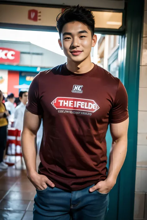 ((realistic daylight)) , Young Korean man in only a black sports shirt, no stripes, and jeans., A handsome, muscular young Asian man looks at the camera.  , In the KFC store ,turn sideways, smile