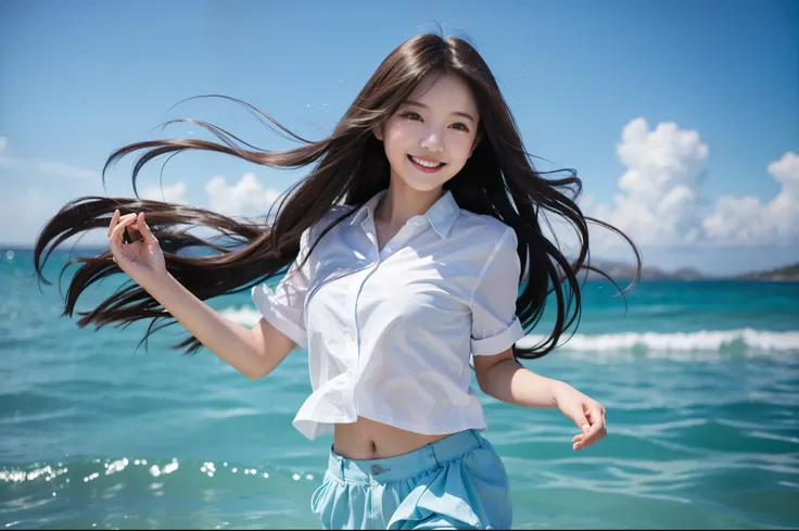 Best Quality　masterpiece　detailed　A super cute girl with a smile and hot pantsＴWalking in the beautiful sea in a shirt　Long hair dancing in the wind　Photo style　Fantasy　Fantasy