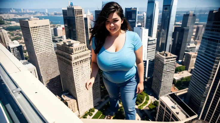 A giant curvy young woman in jeans and short ripped t-shirt looking above roof of buliding in city, 1 tiny man look at giant woman. massive thighs