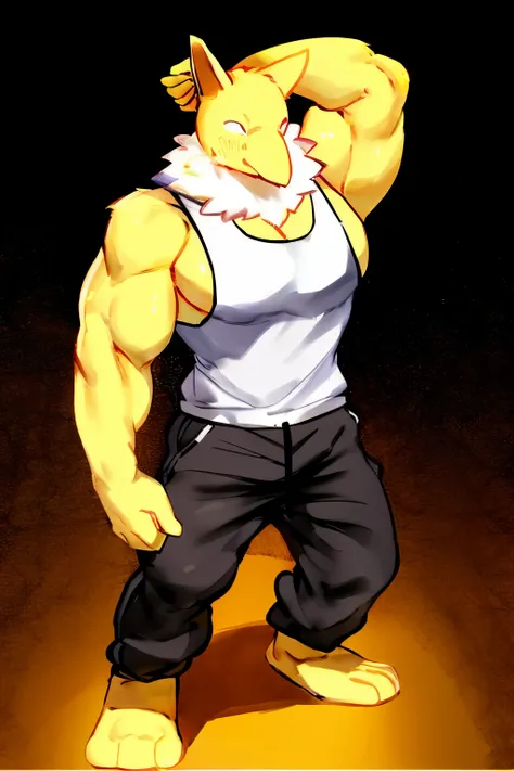 furry, anthro, solo, hypno, male, (((muscular body, massive male pectorals, wide-eyed, smirking, yellow skin, fluffy neck, weari...