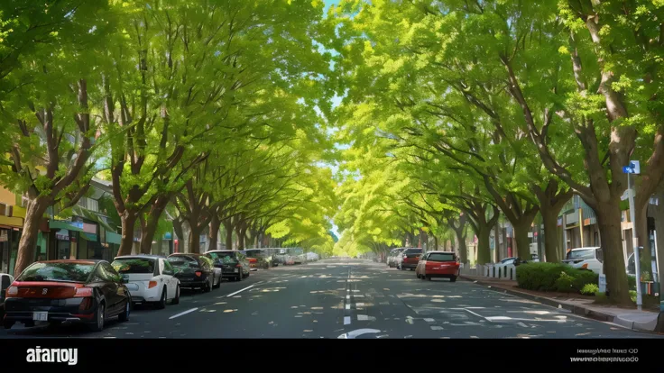 a view of a tree lined street with parked cars and trees lining the street, forest city streets behind her, prefecture streets, linden trees, maple trees along street, north melbourne street, the city is full of green plants, alamy stock photo, green alley...