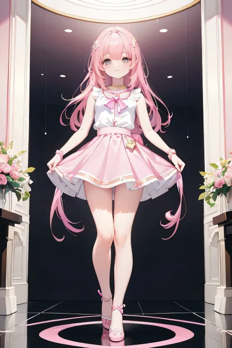 Magical girl standing on a mirror floor, 
highest quality, masterpiece, High resolution, Very detailed, Fine skin, Complex eyes, Accurate and perfect anatomy, 
 beautiful girl, Pink Hair, 
Sleeveless outfit(Pink mini skirt, White blouse), Bare thighs, Bare...