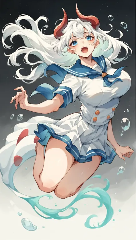 score_9, score_8_up, score_7_up, score_6_up, score_5_up, score_4_up, 1 girl, Alone, watercolor(medium), white hair, horn, Open mouth slightly, Sailor Suit, Floating in the air,big  breasts, Delicate blue eyes like the sea, 俯视视horn, Black background.