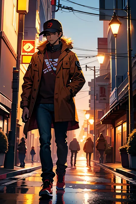 young man, 20 years old, medium hair, light brown hair, sSF giants baseball cap red and yellow coat, hoodcoat,  jeans in San Francisco, on the streets, Night, 4k,European lampposts in the background, Highlights, 4k, full body,