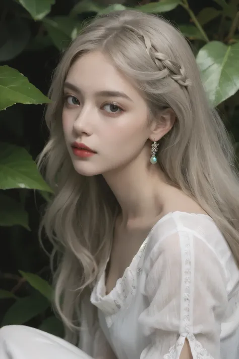  (pintura a óleo:1.5),

Elowen is a woman with long, wavy white hair that is slightly parted so that a small area of her forehead is visible, with light gray eyes, she often wears earrings with green tones, and often wears a long white dress looking almost...